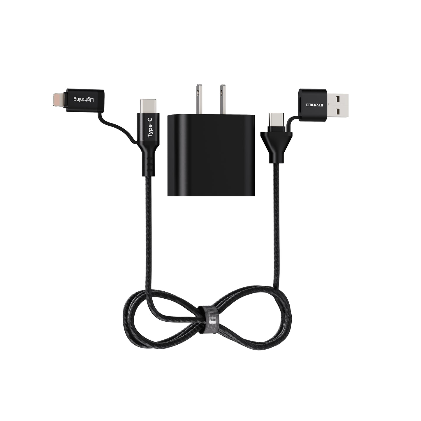 Emerald 6ft 4-in-1 Braided USB-A & Type-C to Lightning & Type-C with Adapter, Fast Charging & Data Syncing Cable