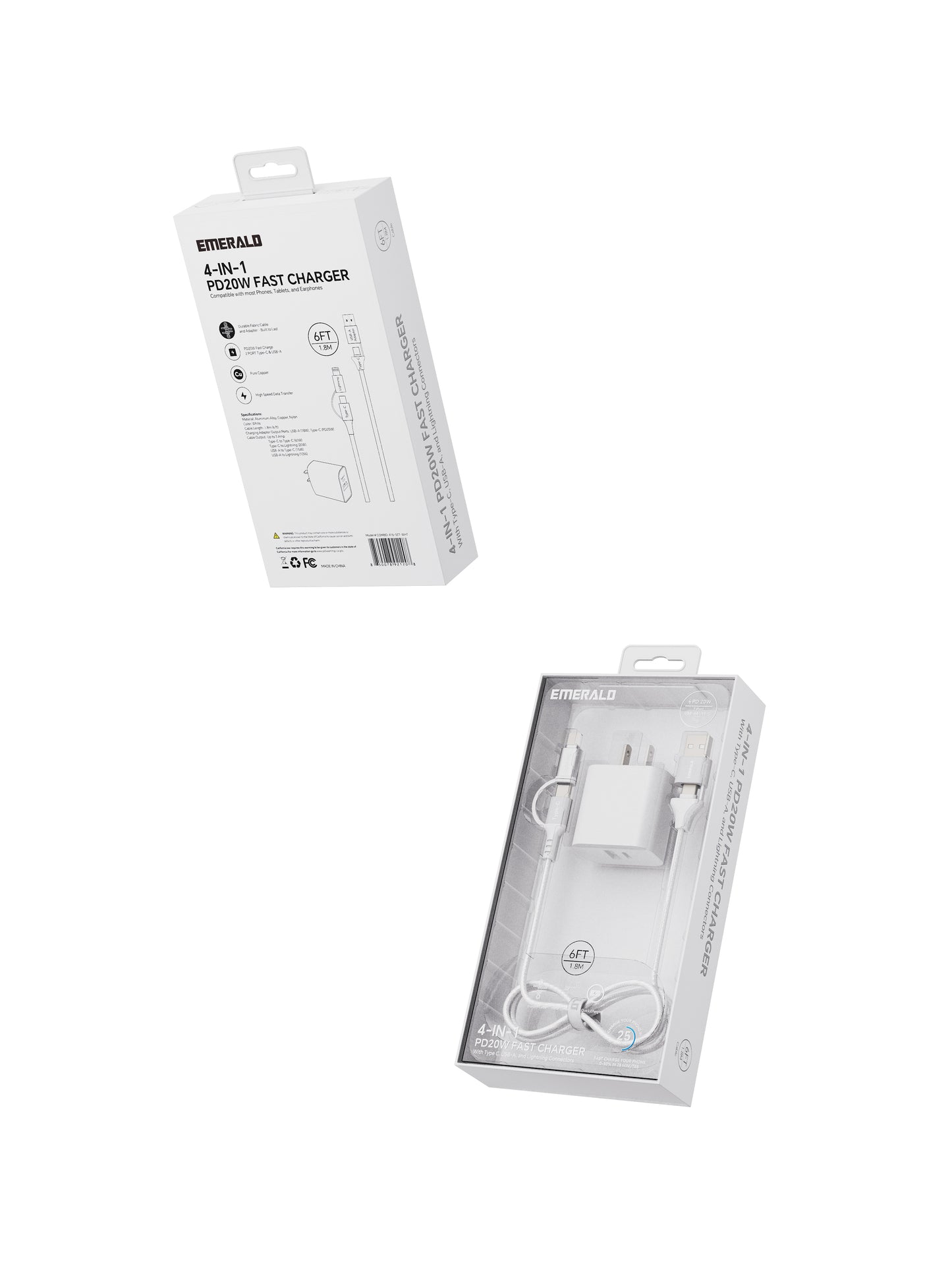 Emerald 6ft 4-in-1 Braided USB-A & Type-C to Lightning & Type-C with Adapter, Fast Charging & Data Syncing Cable