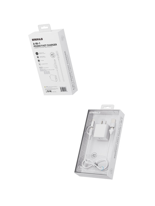Emerald 6ft 4-in-1 Braided USB-A & Type-C to Lightning & Type-C with Adapter, Fast Charging & Data Syncing Cable