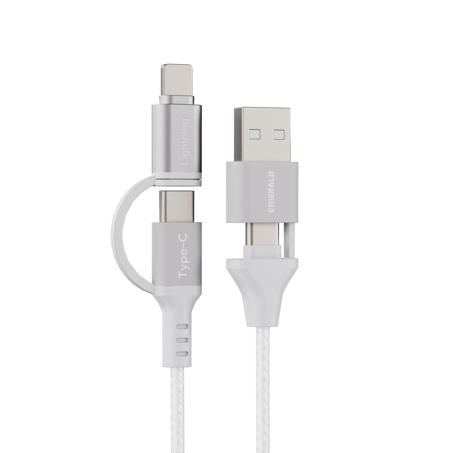 Emerald 6ft 4-in-1 Braided USB-A & Type-C to Lightning & Type-C with Adapter, Fast Charging & Data Syncing Cable
