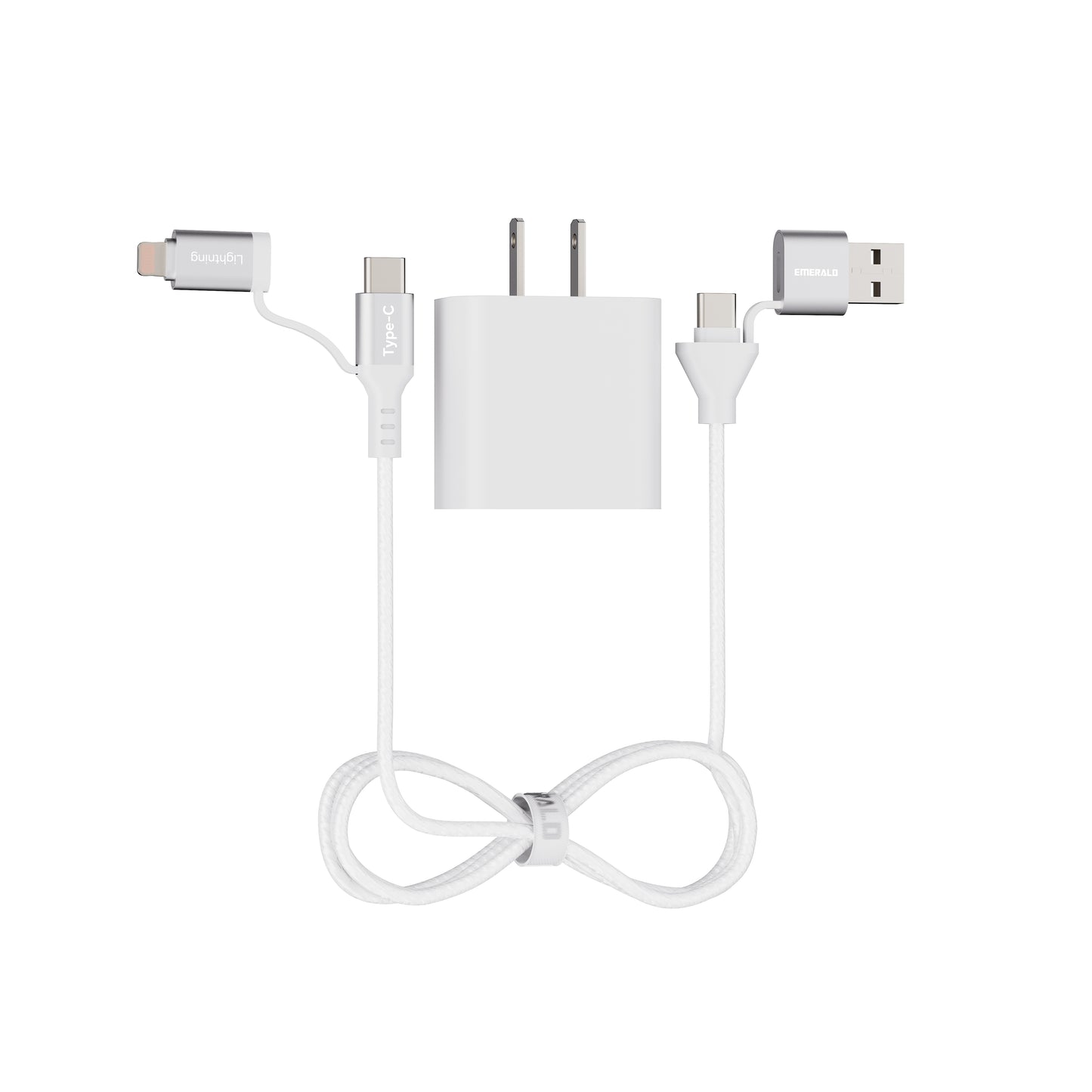 Emerald 6ft 4-in-1 Braided USB-A & Type-C to Lightning & Type-C with Adapter, Fast Charging & Data Syncing Cable