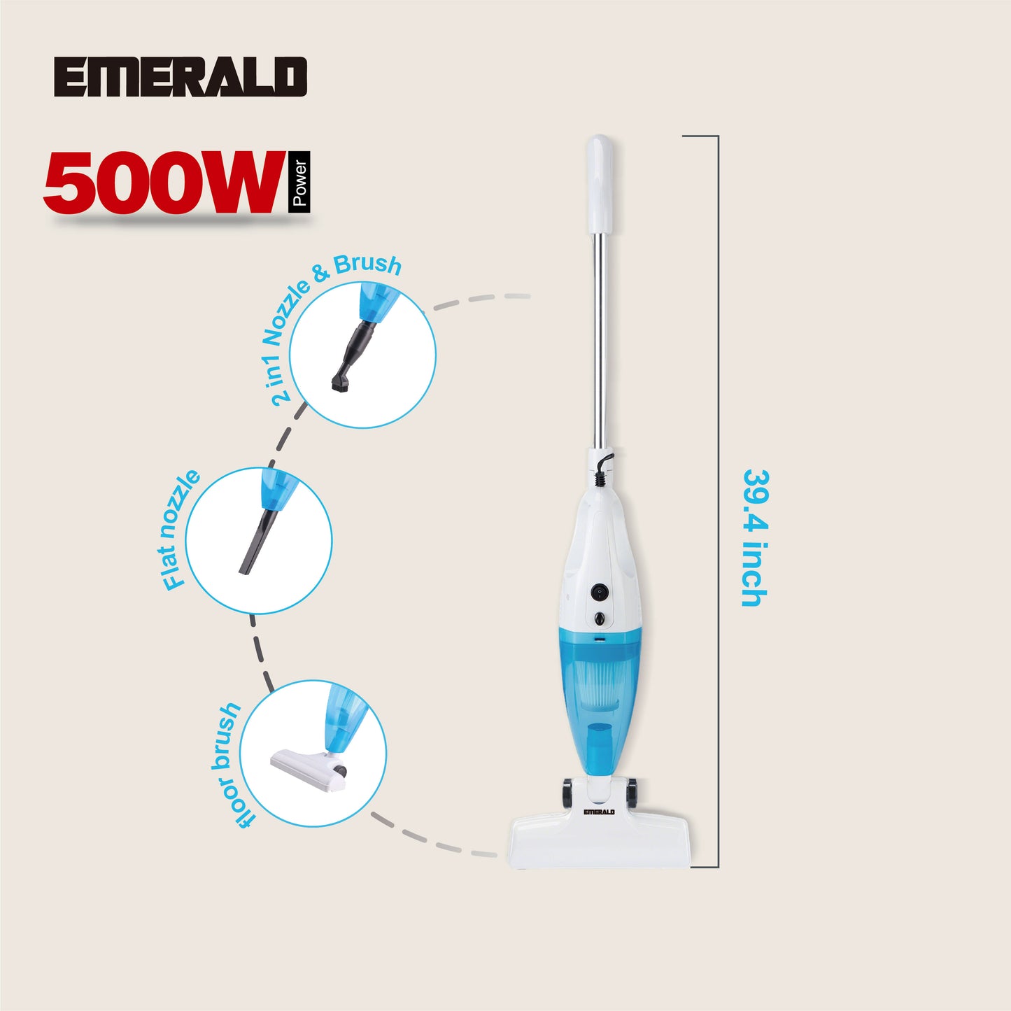 Emerald 500W Vacuum Cleaner, 14,000Pa Suction Power, HEPA Filter, Lightweight Portable Design, 1.2L Dust Cup