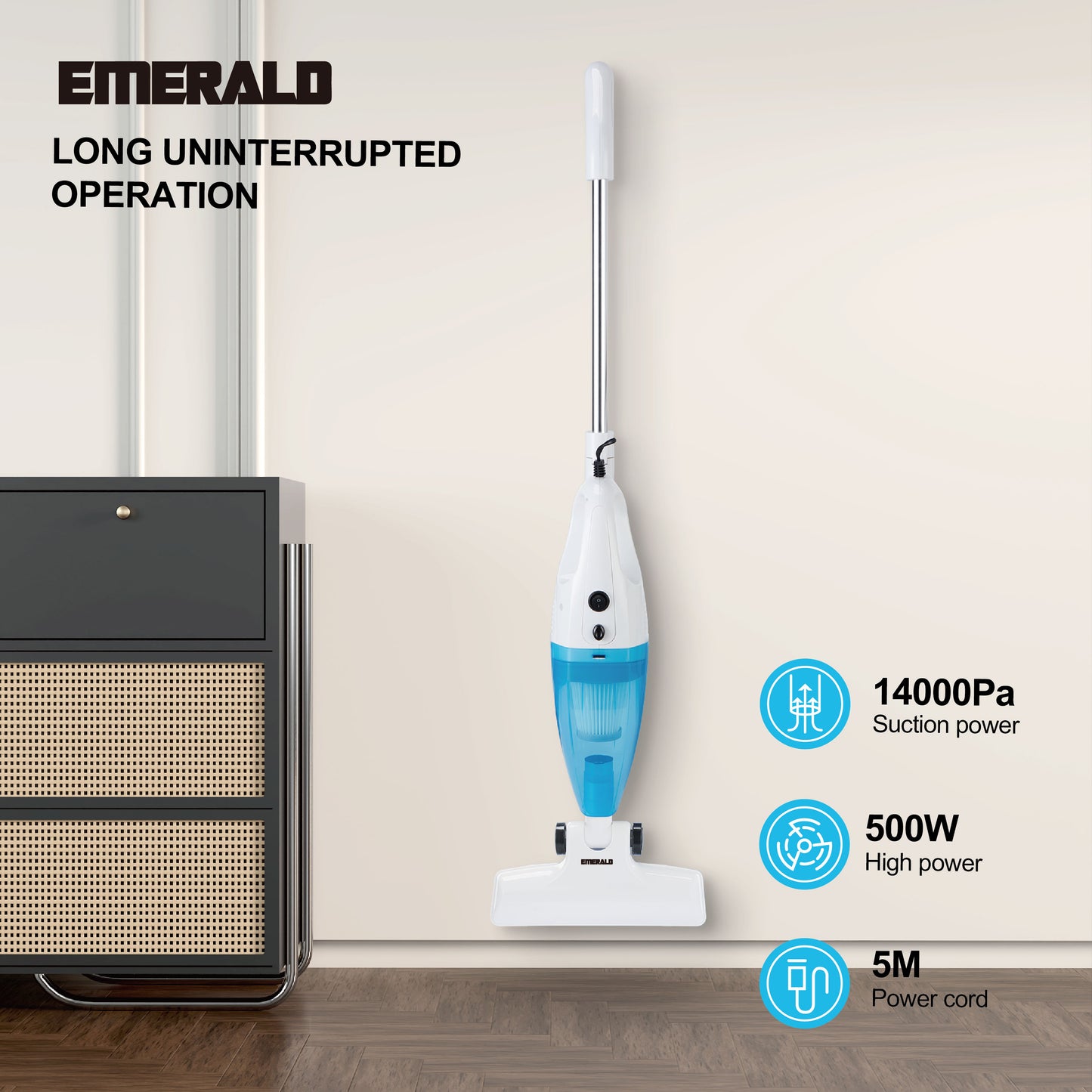 Emerald 500W Vacuum Cleaner, 14,000Pa Suction Power, HEPA Filter, Lightweight Portable Design, 1.2L Dust Cup