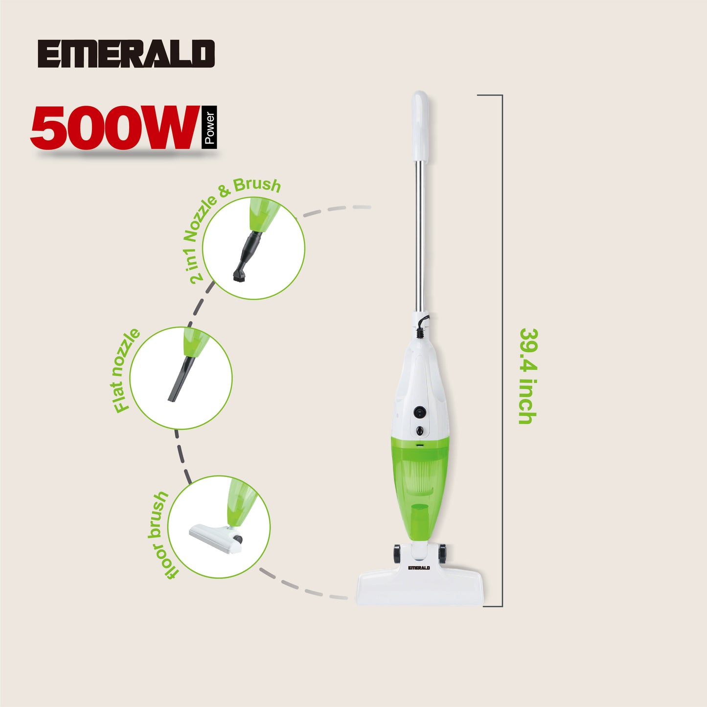 Emerald 500W Vacuum Cleaner, 14,000Pa Suction Power, HEPA Filter, Lightweight Portable Design, 1.2L Dust Cup