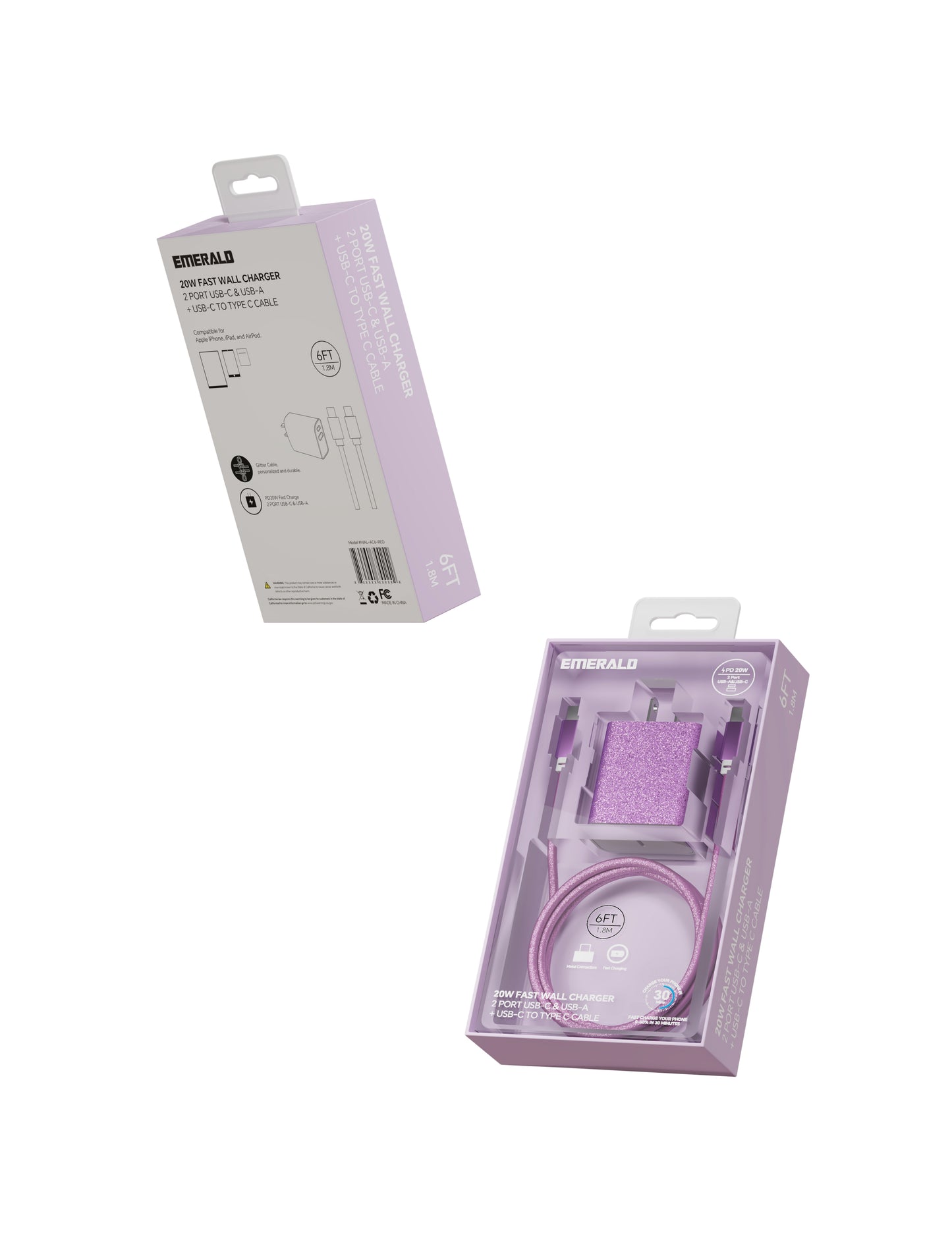 Emerald 20W PD, 2 Port Adapter and 6ft Type-C to Type-C, Fast Charge, Braided Cable