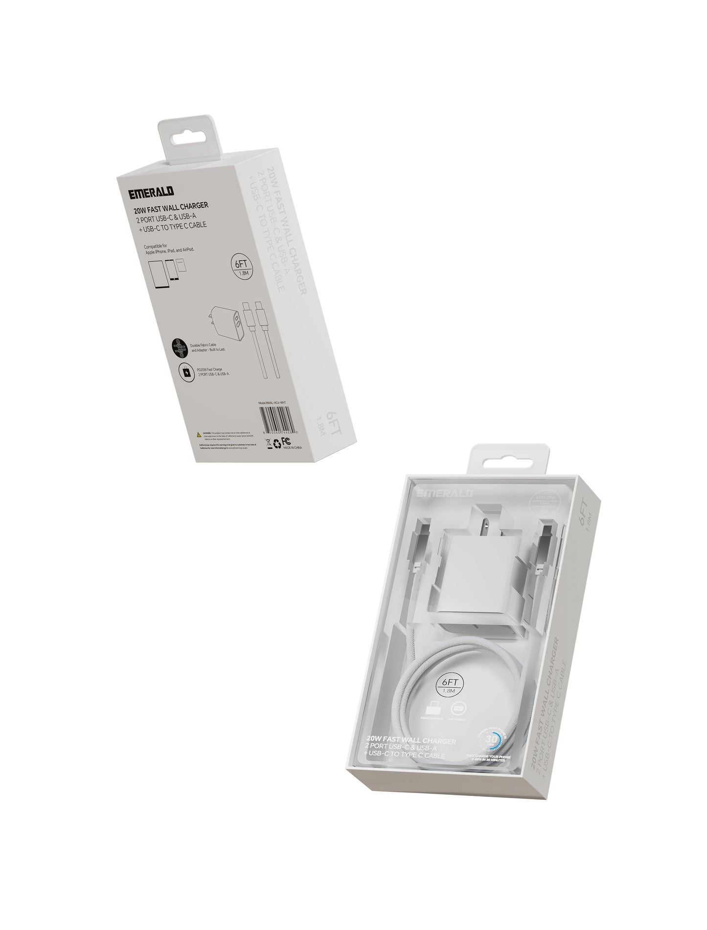 Emerald 20W PD, 2 Port Adapter and 6ft Type-C to Type-C, Fast Charge, Braided Cable