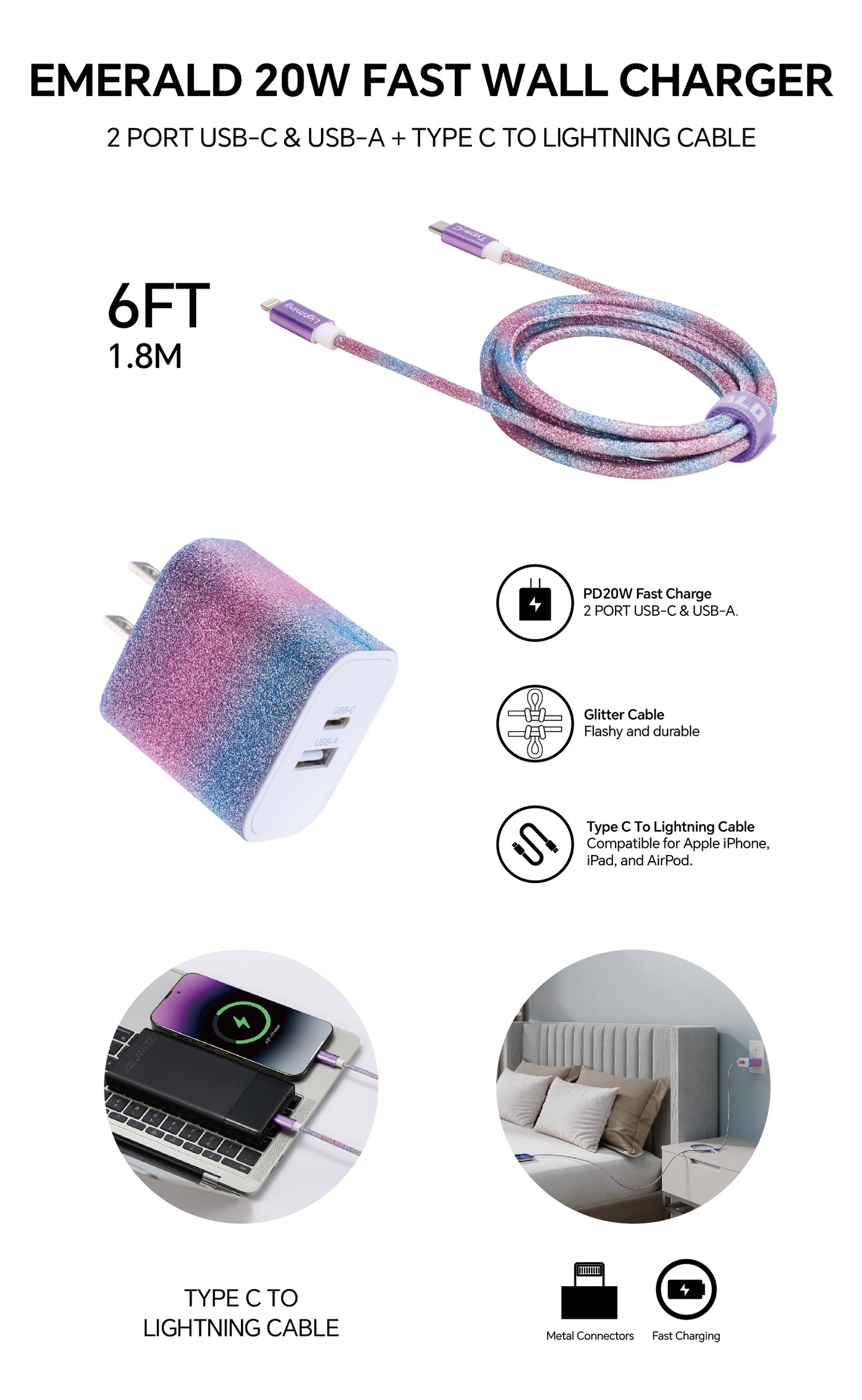 Emerald 20W PD, 2 Port Adapter and 6ft Type-C to Lightning, Fast Charge, Braided Cable for Apple Devices
