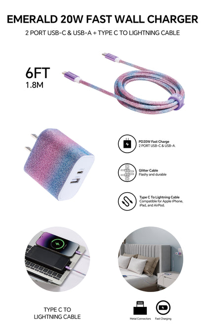 Emerald 20W PD, 2 Port Adapter and 6ft Type-C to Lightning, Fast Charge, Braided Cable for Apple Devices