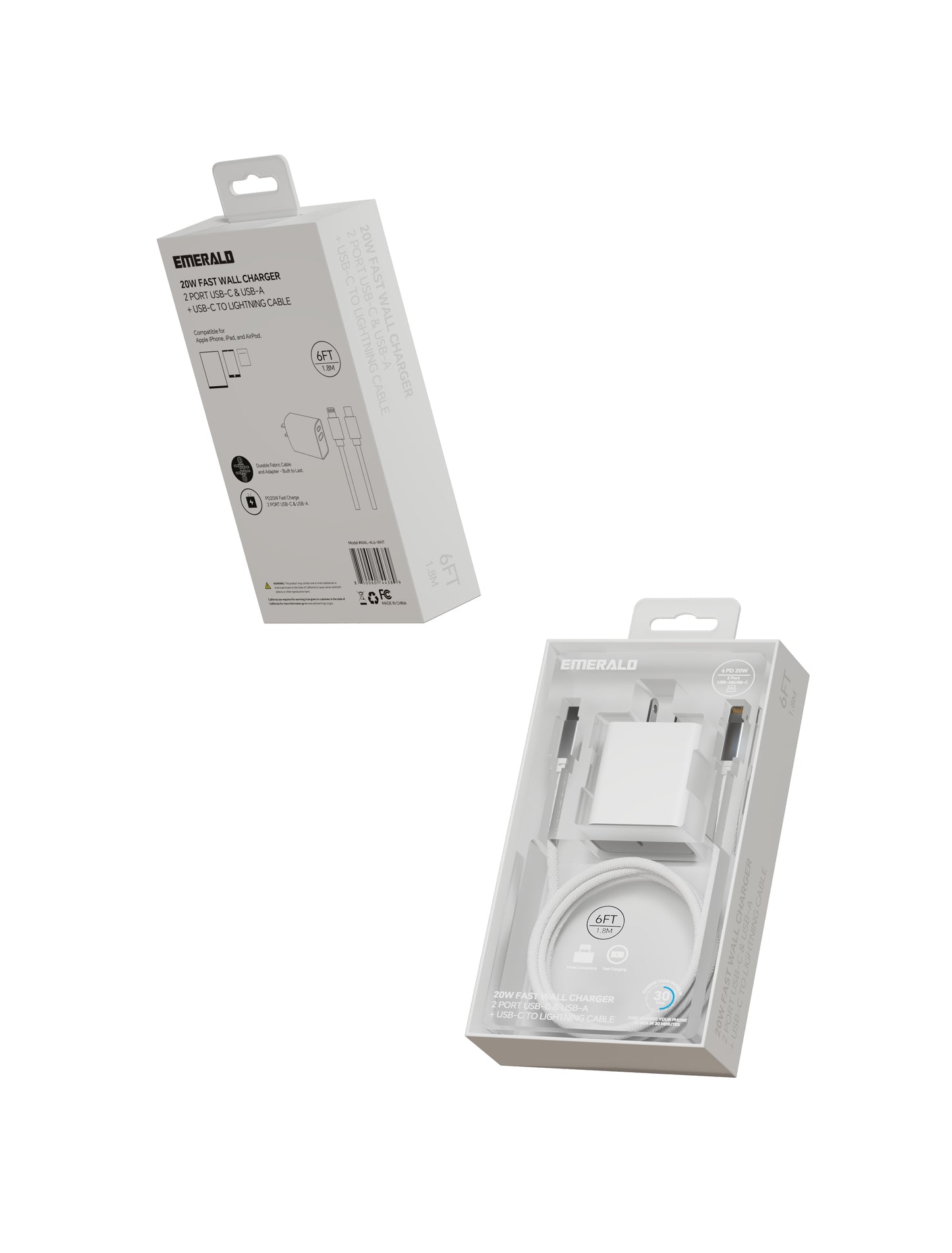 Emerald 20W PD, 2 Port Adapter and 6ft Type-C to Lightning, Fast Charge, Braided Cable for Apple Devices
