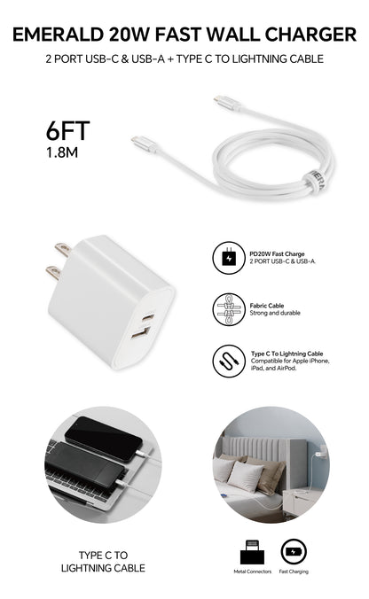 Emerald 20W PD, 2 Port Adapter and 6ft Type-C to Lightning, Fast Charge, Braided Cable for Apple Devices