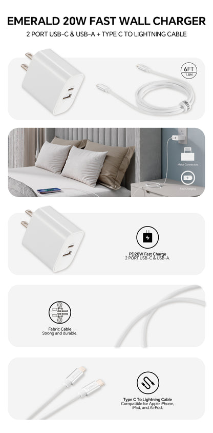 Emerald 20W PD, 2 Port Adapter and 6ft Type-C to Lightning, Fast Charge, Braided Cable for Apple Devices