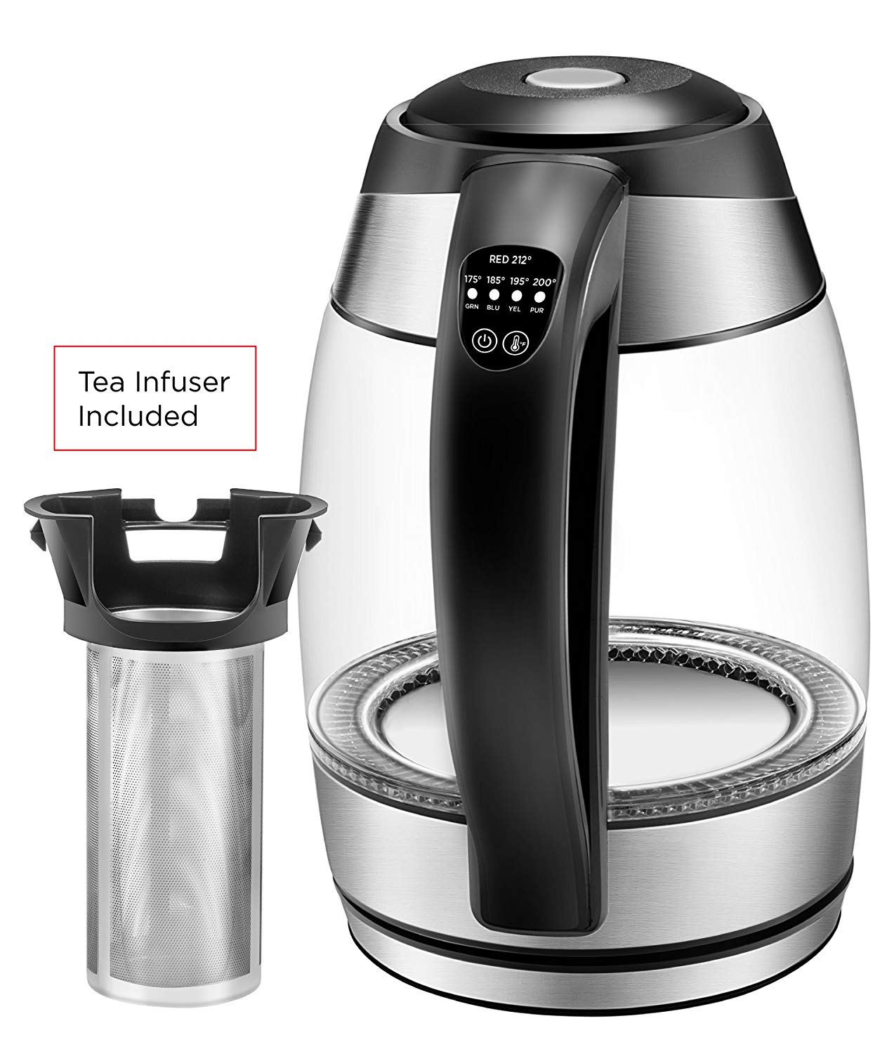 1.8L Glass Electric Kettle w/Included Free Removable Tea Infuser, 5 Temperature Presets, Color Changing Lights